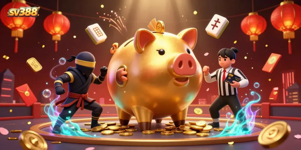 Witness the sv388 piggy bank sumo wrestler dominate the cockfighting arena, with vibrant festive elements.