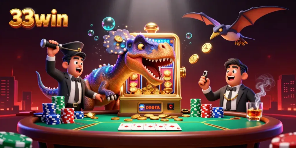 Experience thrilling wins at 33win with a pachycephalosaurus triggering jackpot coins from a slot machine in a dynamic casino scene.