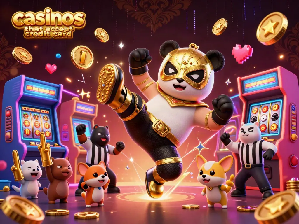 Experience the excitement of casinos that accept credit card, featuring a vibrant wrestling panda in action.