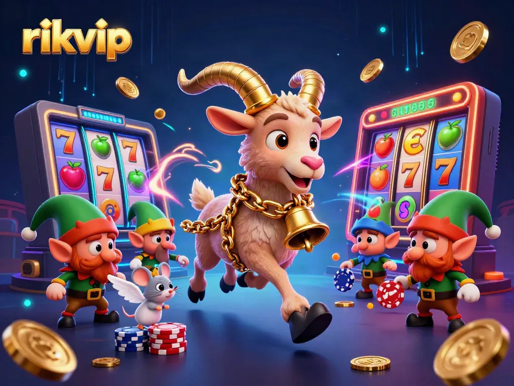 Experience the thrill of rikvip with vibrant slot games and festive characters in a dynamic casino scene.