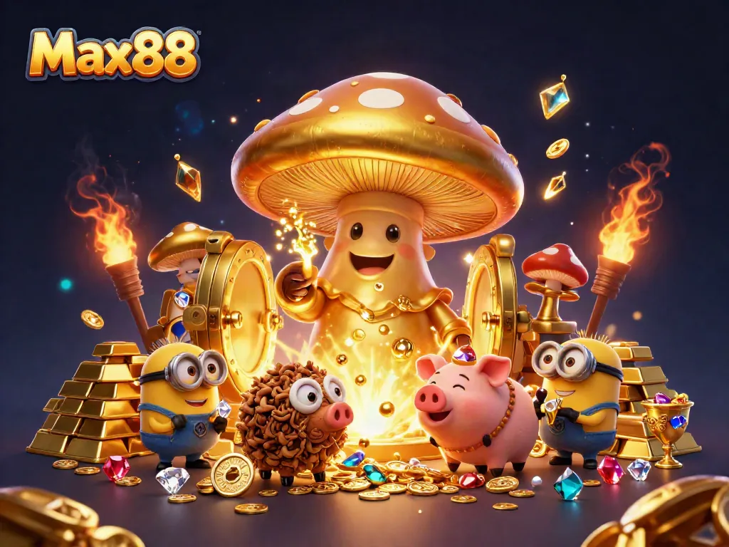 Experience Max88 magic with a golden mushroom wizard and treasure in a casino scene.