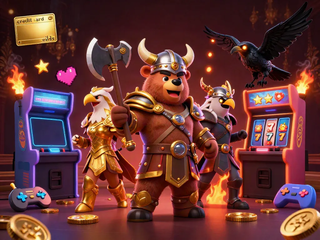 Engaging 3D illustration of credit card slots with a Viking bear, Valkyrie eagle, and glowing game machines.
