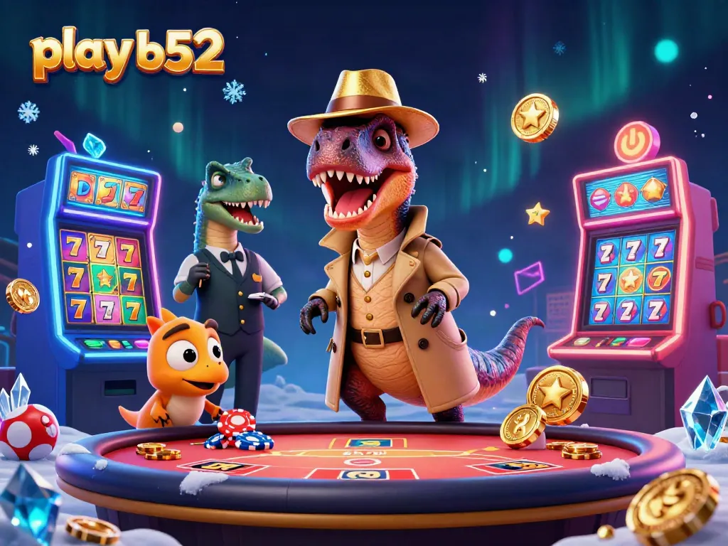 Experience the thrill of play b52 with a raucous casino scene featuring characters and slot machines.