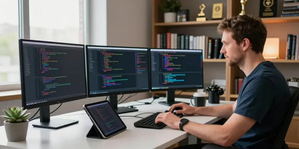 Neil Lock working in a modern tech workspace surrounded by code and SEO analytics.