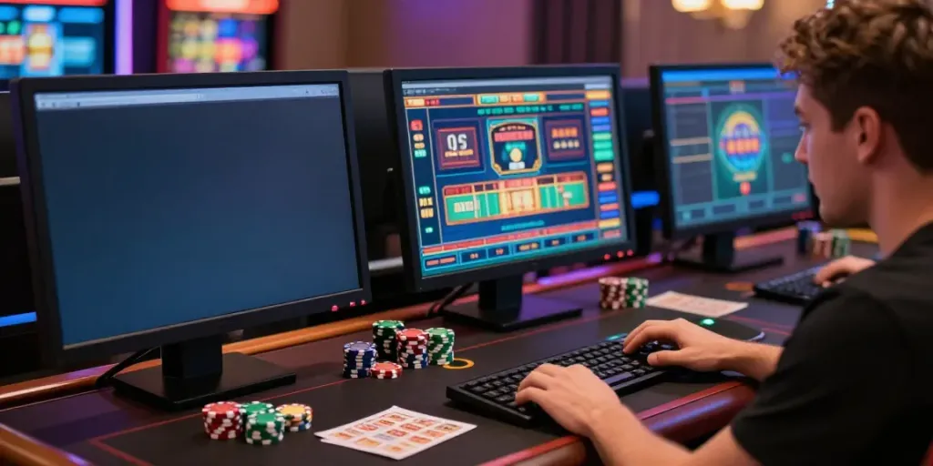 Player exploring the best non gamstop casinos with multiple screens displaying casino games.