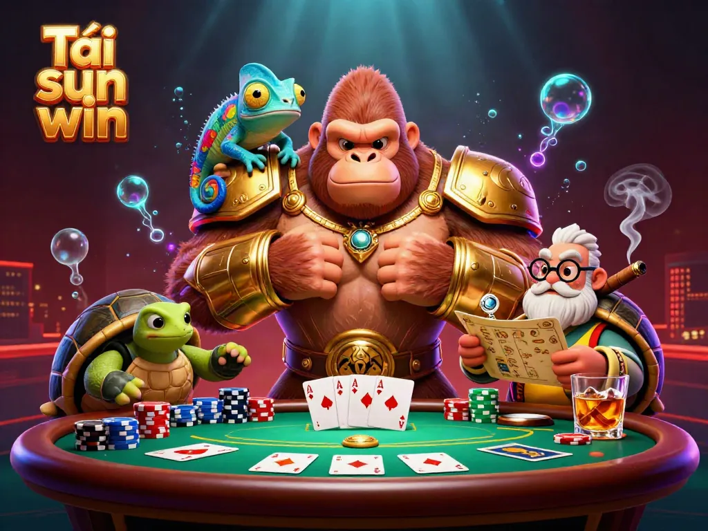 Engage in thrilling casino action with Tải sun win in a vibrant 3D cartoon scene featuring colorful characters and rich game elements.