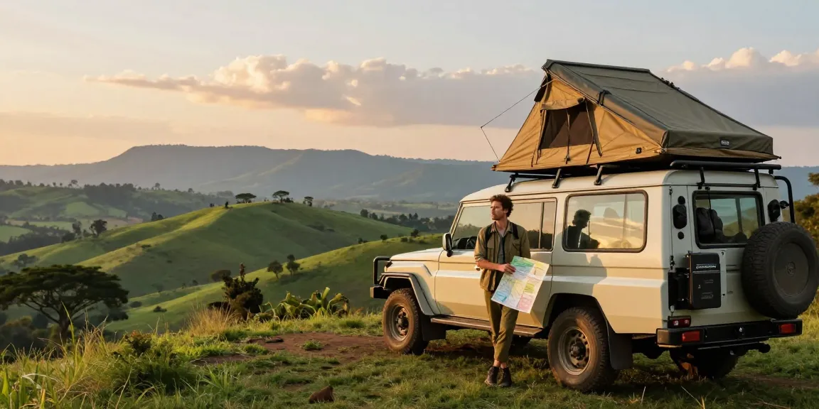 Car hire Uganda with adventurous traveler at scenic viewpoint in a 4x4 vehicle during sunset.