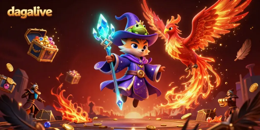 Engage with exciting cockfighting action at dagalive, a whimsical fantasy battle between a wizard fox and a phoenix.