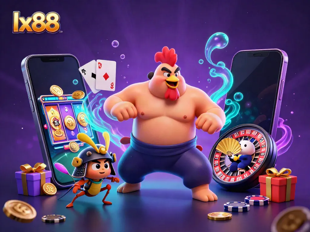 Experience the thrill of lx88 with a dynamic illustration featuring a sumo wrestler, samurai cricket, and gaming elements.