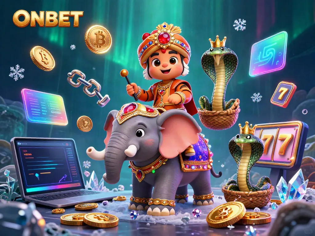 Experience ONBET's vibrant casino adventure with a 3D tiger maharaja, elephant, and crypto themes.