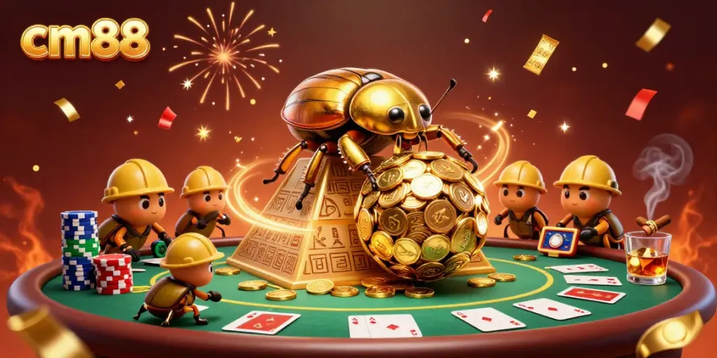 Engage with cm88's dynamic casino atmosphere featuring golden coin beetles and lively poker elements.