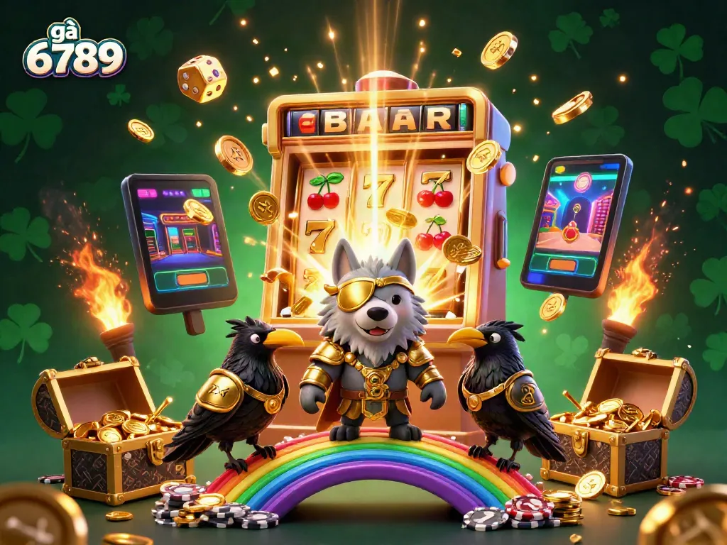 Experience the thrill of gà 6789's vibrant online casino with a dynamic scene of mythical characters amidst a jackpot explosion.