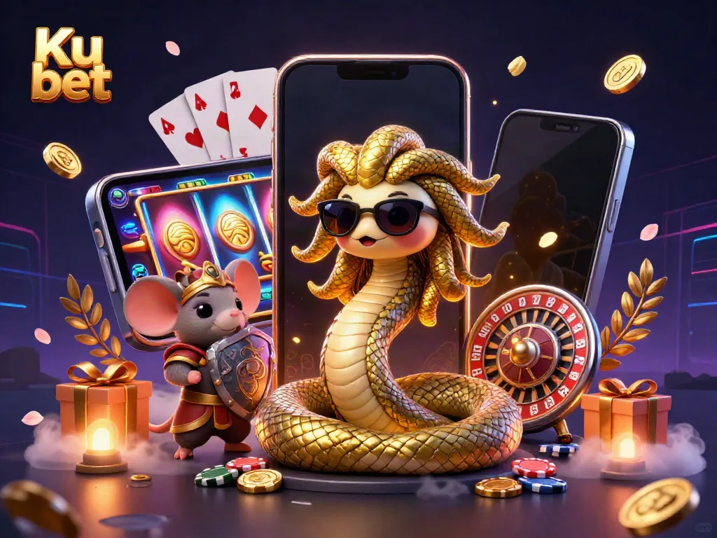 Play thrilling games at Ku bet with a vibrant 3D illustration showcasing unique gaming elements.