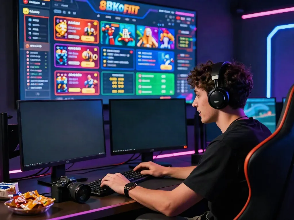 Excited player engaged with the 8kbet gaming platform, showcasing vibrant graphics and immersive gaming atmosphere.