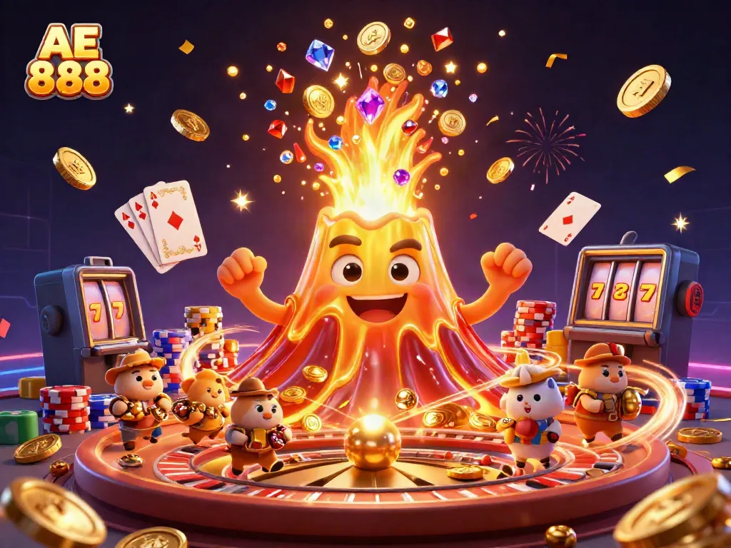 Experience the thrill of AE 888 with a lively gaming scene filled with treasures and excitement.