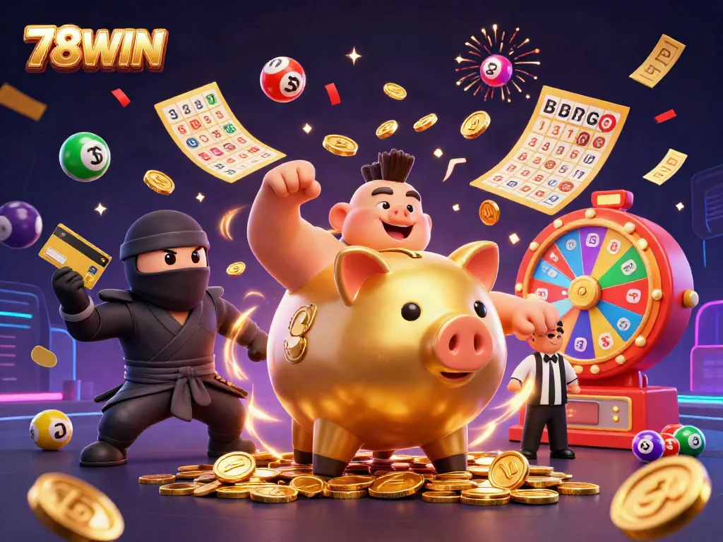 Experience wins at 78WIN with a dynamic illustration of a golden piggy bank sumo wrestler surrounded by exciting casino elements.