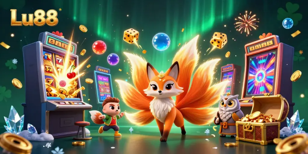 Lu88's exciting jackpot celebration with vibrant characters and dynamic casino elements