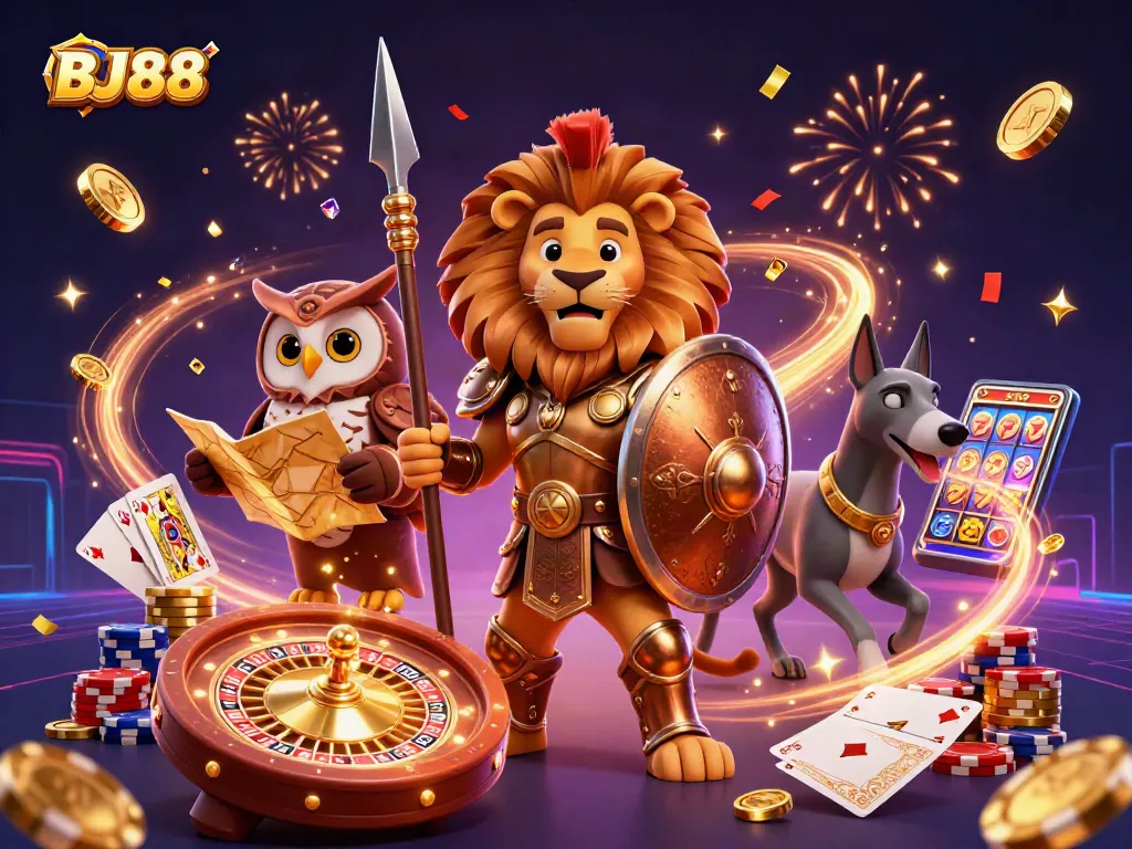 Experience thrilling gameplay at BJ88 with a vibrant scene of a Spartan lion, owl strategist, and greyhound messenger.