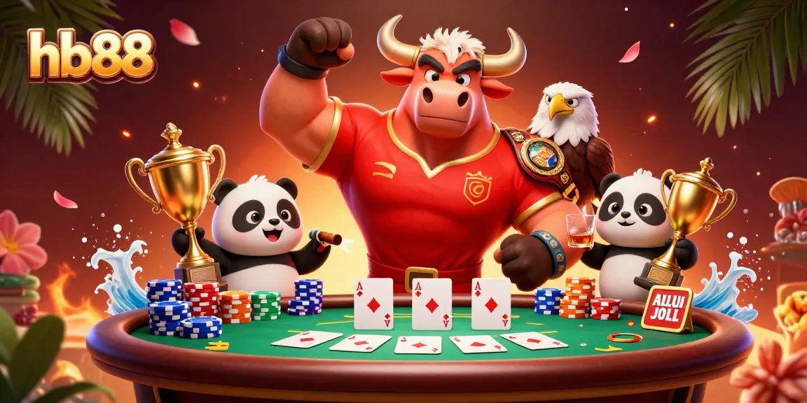 Join hb88 for thrilling poker action with dynamic characters celebrating a big win.