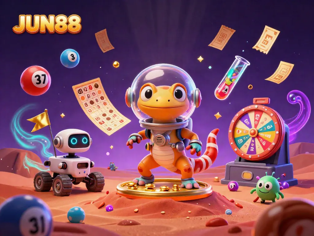 Experience the excitement of JUN88 with a cartoon gecko discovering a buried casino on Mars, surrounded by lottery elements.