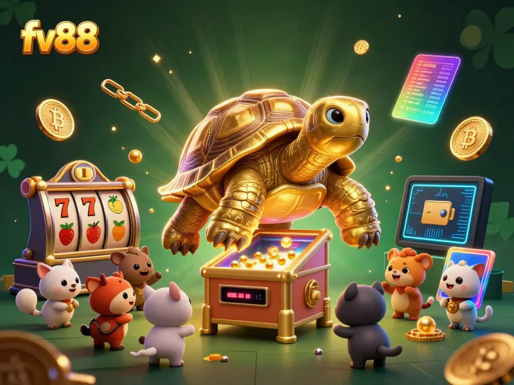 Experience thrilling gaming action at fv88 with a vibrant illustration of a golden tortoise slot machine and excited players.