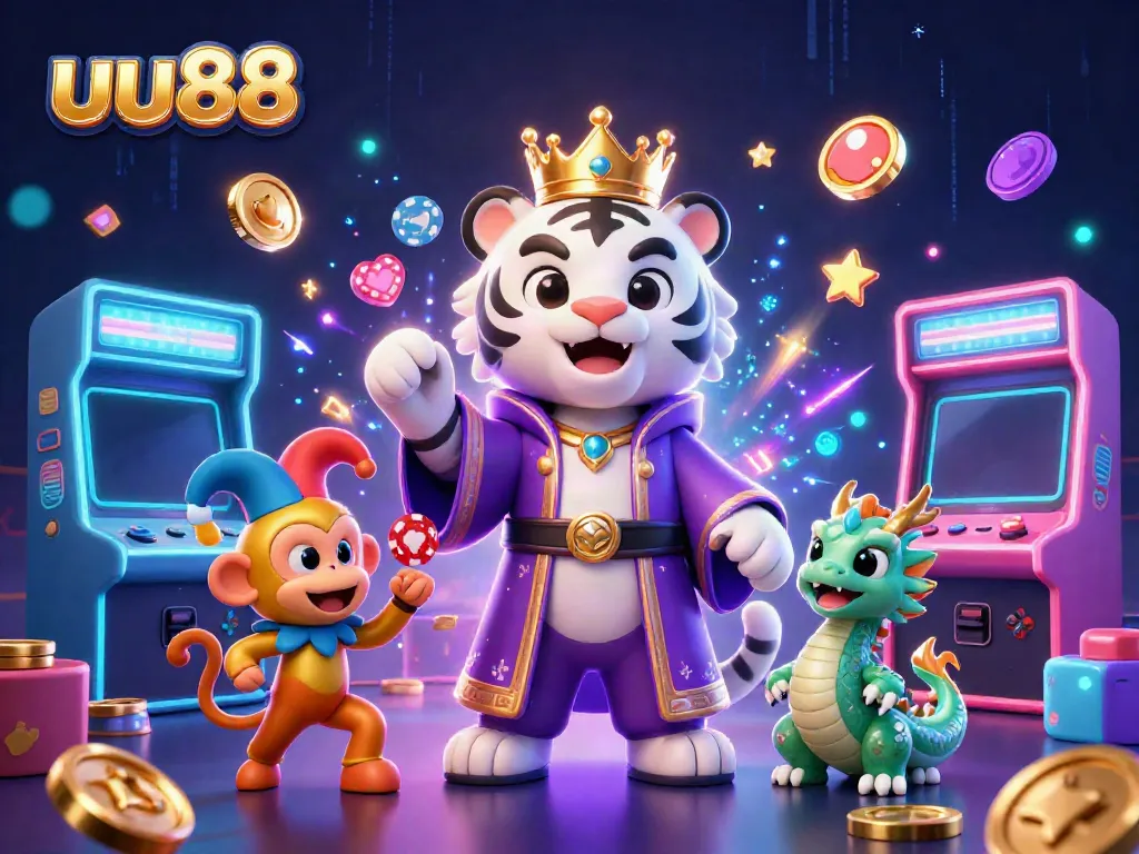 Experience excitement with uu88 as a heroic white tiger, golden monkey, and jade dragon engage in a vibrant casino scene.