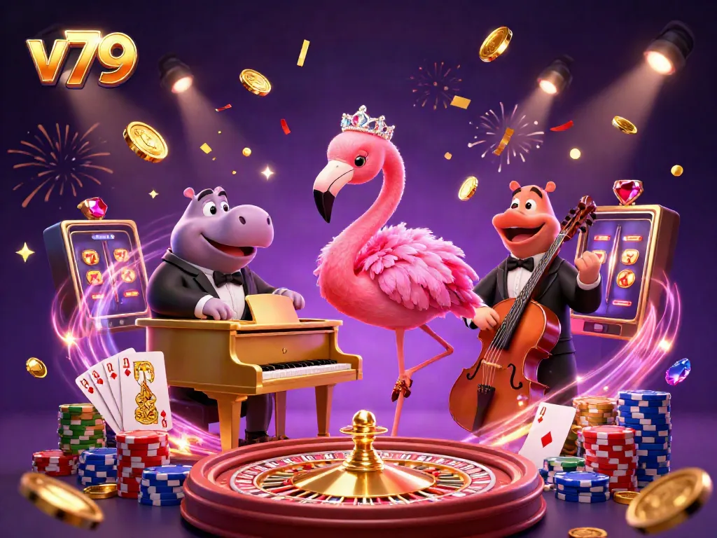 v79 captures the excitement of casino gaming with a flamingo singer, hippo bassist, and dynamic gold coins.
