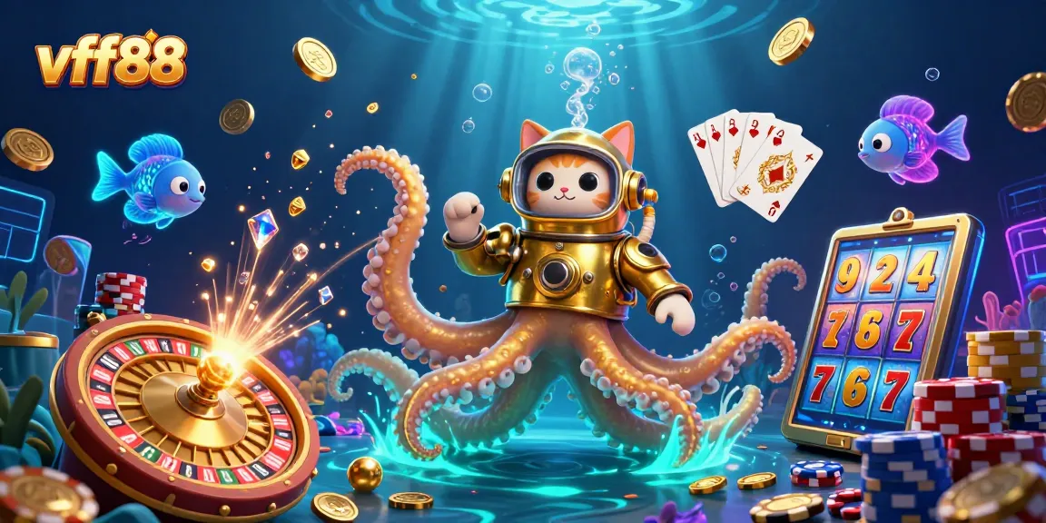 Engage with exciting gameplay at vff88, featuring a captivating kraken and diving cat amidst casino elements.