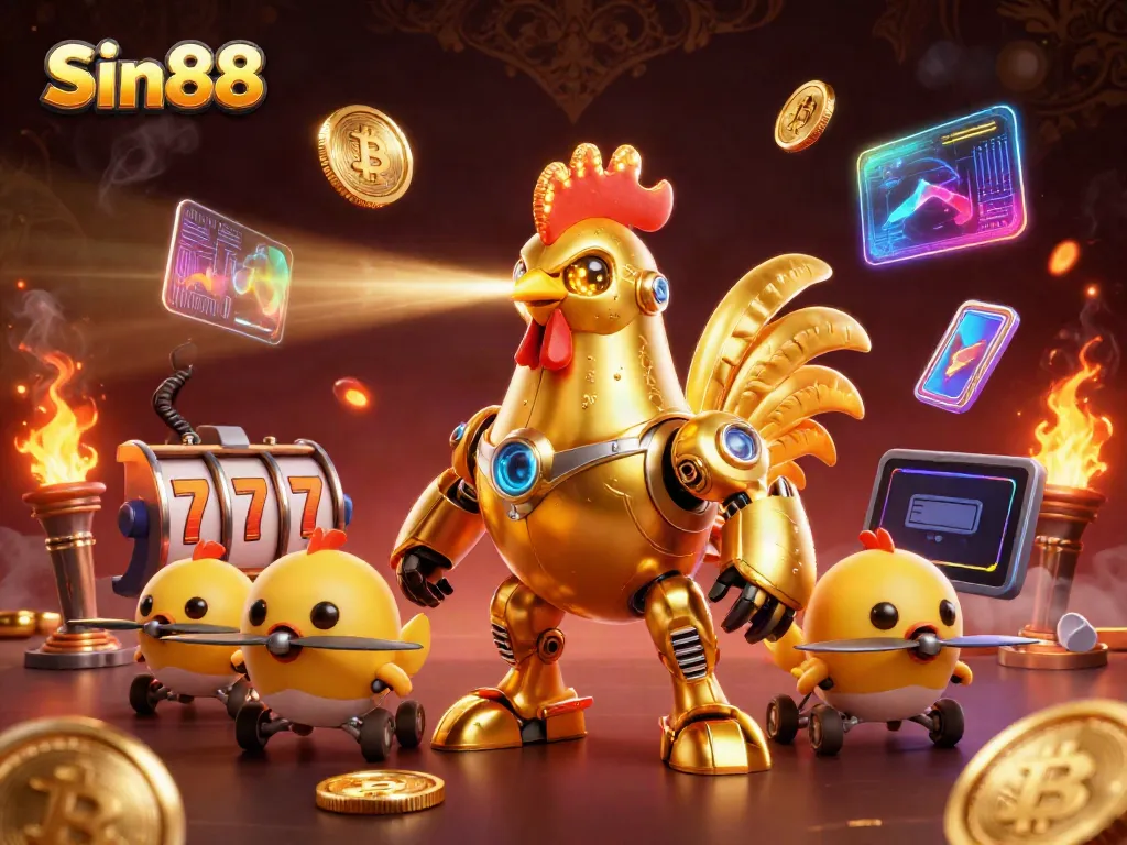 Experience thrilling gameplay at Sin88 with a lively scene featuring a golden robot and crypto elements.