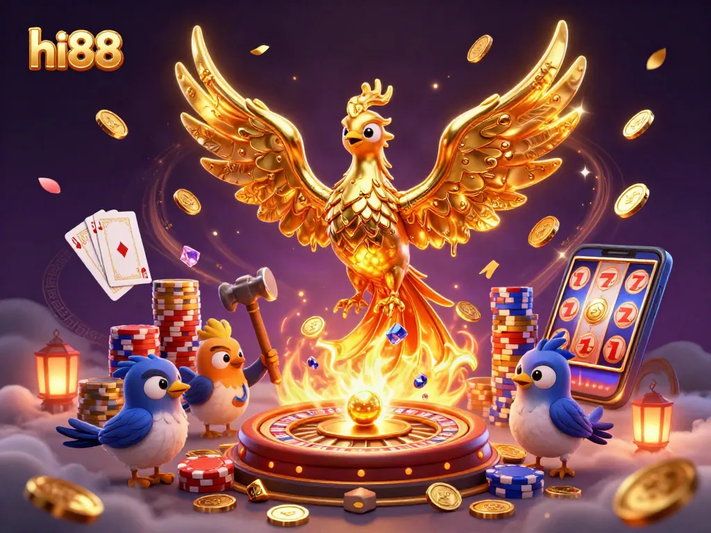 Engage with hi88's lively casino scene featuring a gold phoenix and vibrant game elements.
