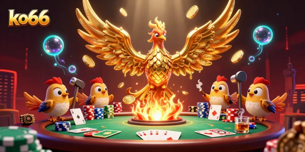 Experience the thrill of winning with ko66 as molten gold transforms into coins amid a vibrant casino scene.