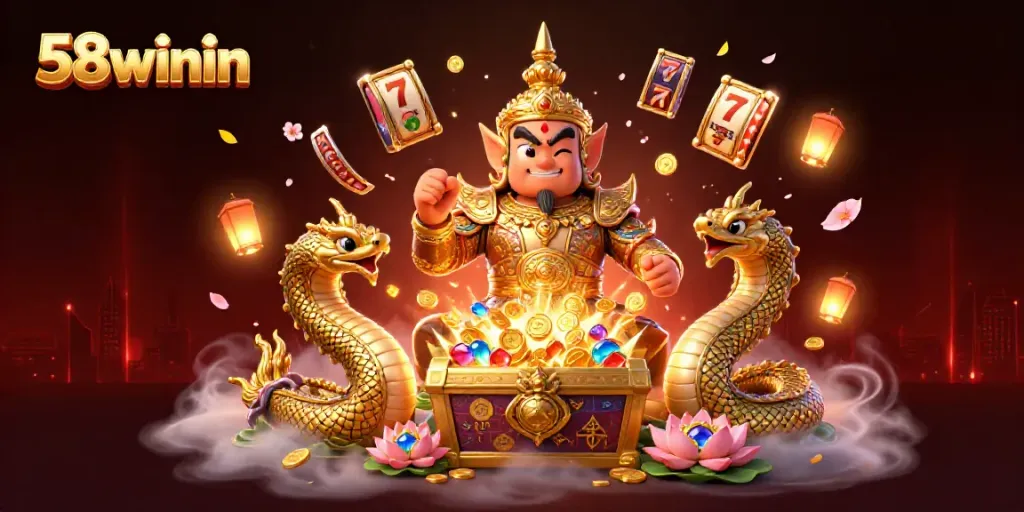 Engage in excitement with 58winin as a Thai guardian and companions celebrate jackpot wins in a vibrant casino.
