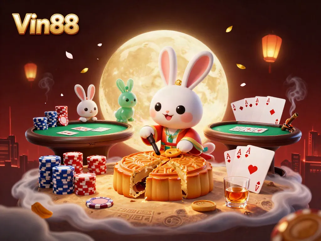 Experience Vin88 with a vibrant illustration of a moon rabbit playing poker amidst cosmic elements.
