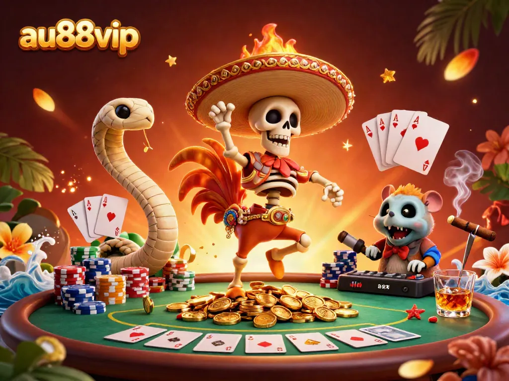 Experience the vibrant celebration of casino gaming with au88vip's festive characters amidst dynamic poker elements.