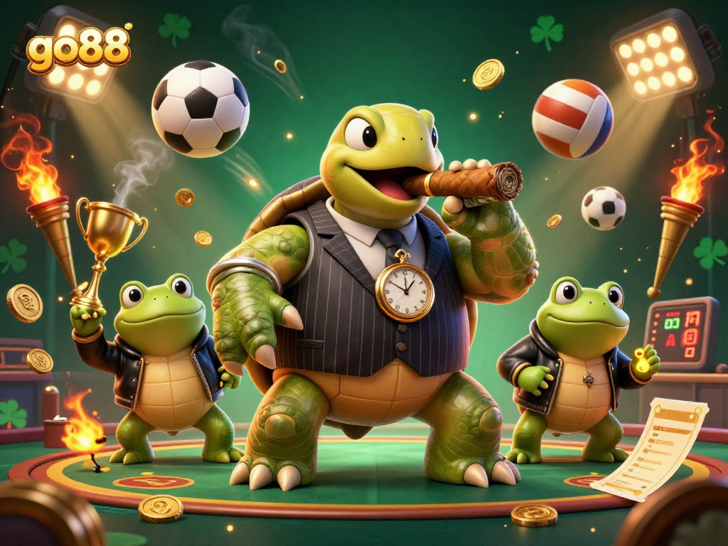 Experience the thrill of go88 with a dynamic 3D casino scene featuring animated characters and sports elements.