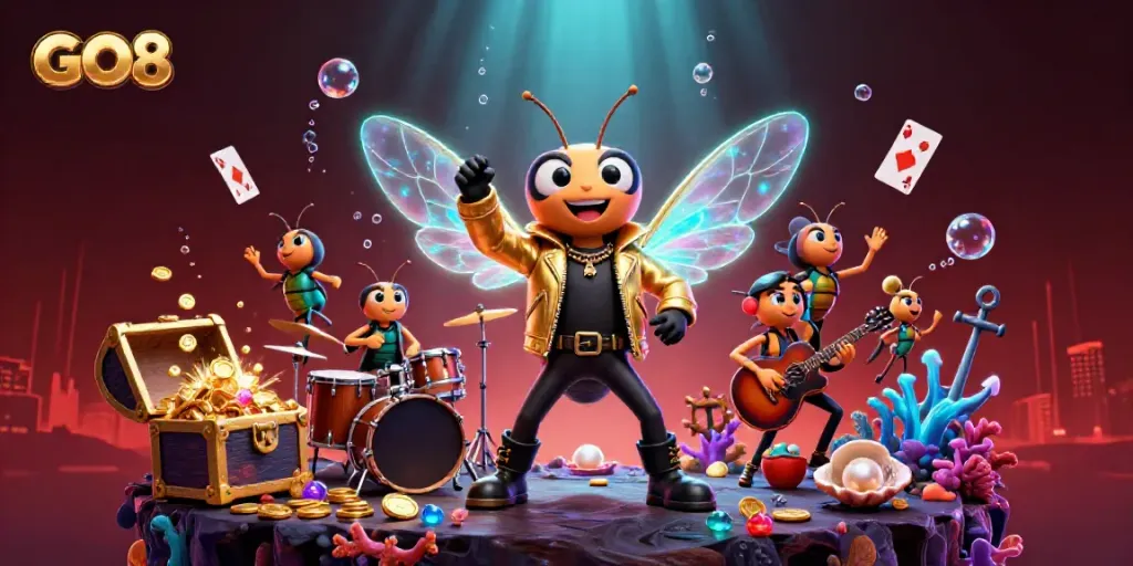 Engage in the vibrant gaming world with GO8 featuring a rock star cicada and dynamic casino elements.