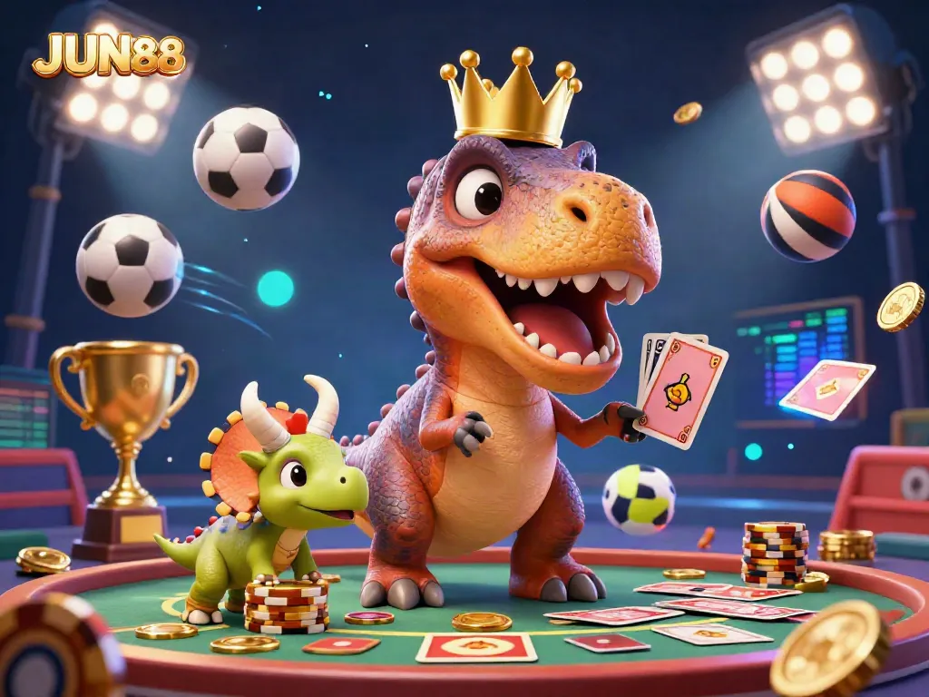 Experience thrilling sports betting action with JUN88 in this lively 3D casino illustration.