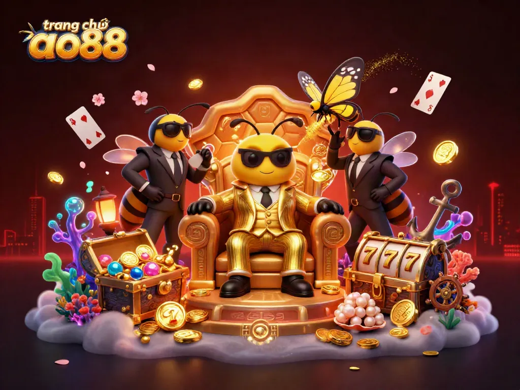 Engage with the vibrant scene of trang chủ ao88 showcasing a cartoon bumblebee mob boss amidst a treasure-filled honeycomb realm.