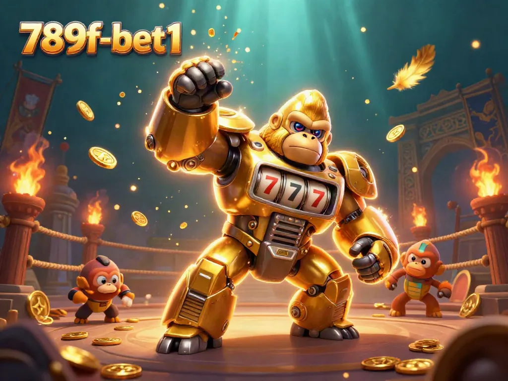 Experience the vibrant world of 789f-bet1 with a dynamic 3D gorilla mech and casino elements.