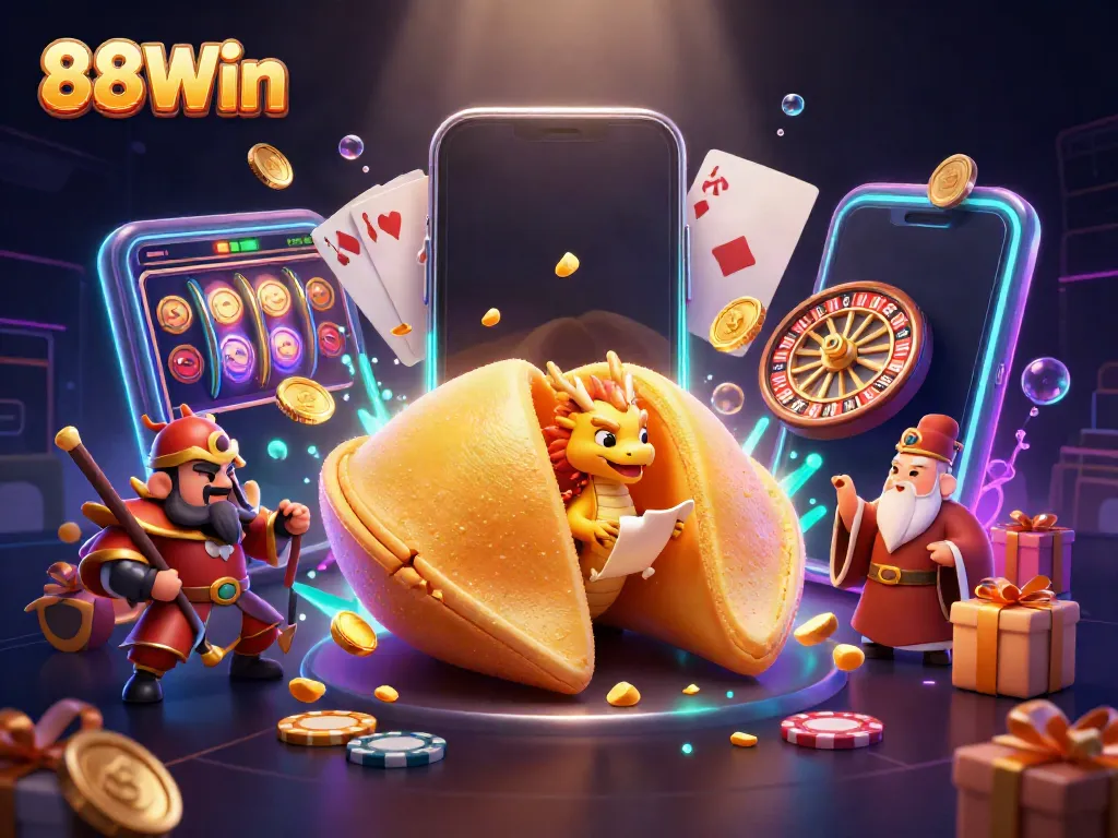 88Win showcases a vibrant casino scene featuring a golden fortune cookie and a wise dragon, highlighting exciting gaming dynamics.