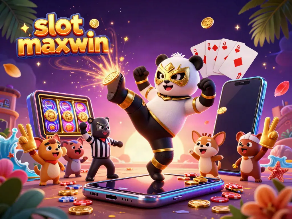 Engage with the excitement of slot maxwin in this vibrant 3D casino scene featuring animated characters and dynamic gaming elements.