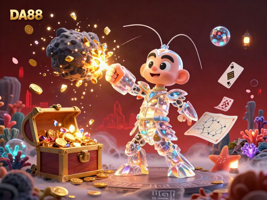 Engage with DA88's thrilling casino experience, where a mantis shrimp battles gems and coins surrounded by vibrant gambling action.