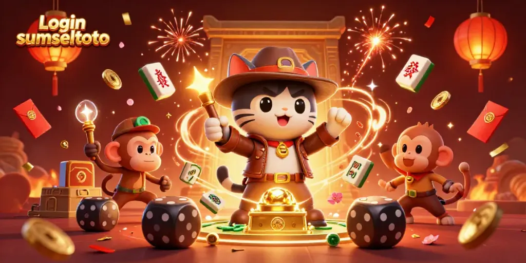 Login sumseltoto: Explore a vibrant 3D casino scene with an archaeologist cat and treasure hunting.
