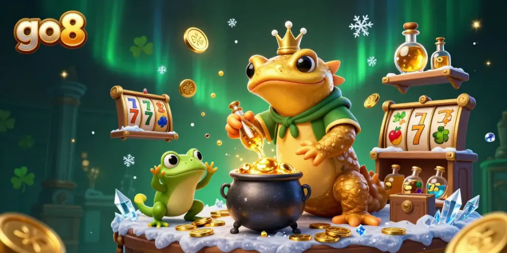 Engage with go8's stunning 3D illustration, showcasing alchemy and vibrant gaming elements in a dynamic casino atmosphere.