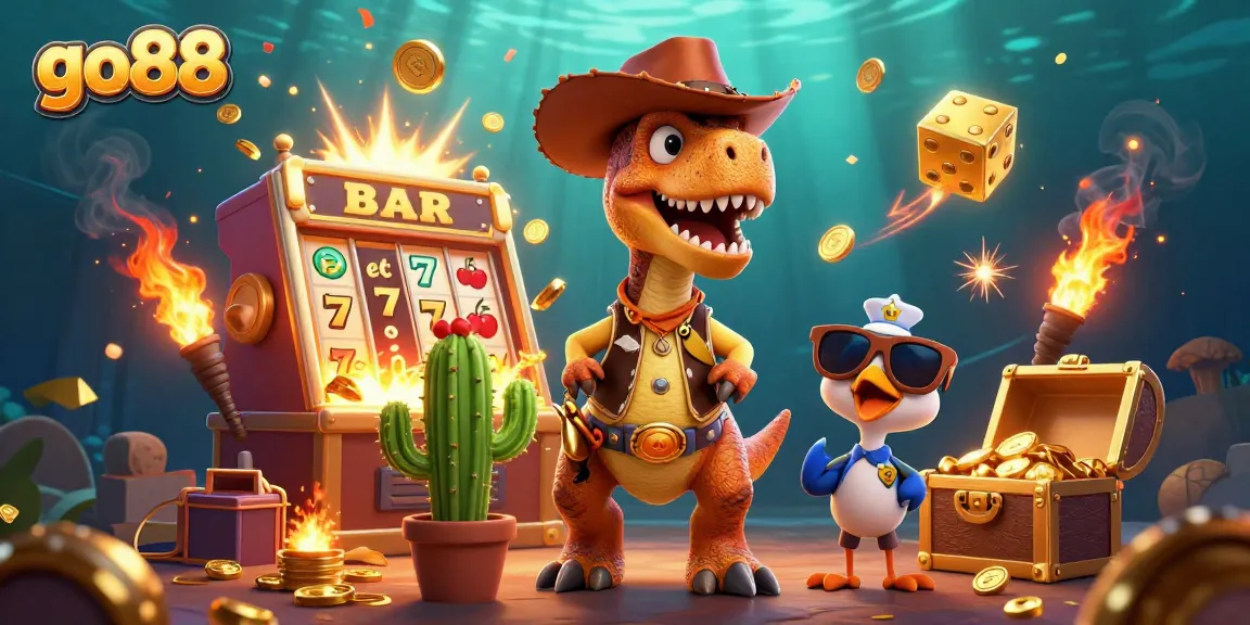 Engage with go88's thrilling casino atmosphere as a T-Rex wins big at slots amidst vibrant gaming chaos.