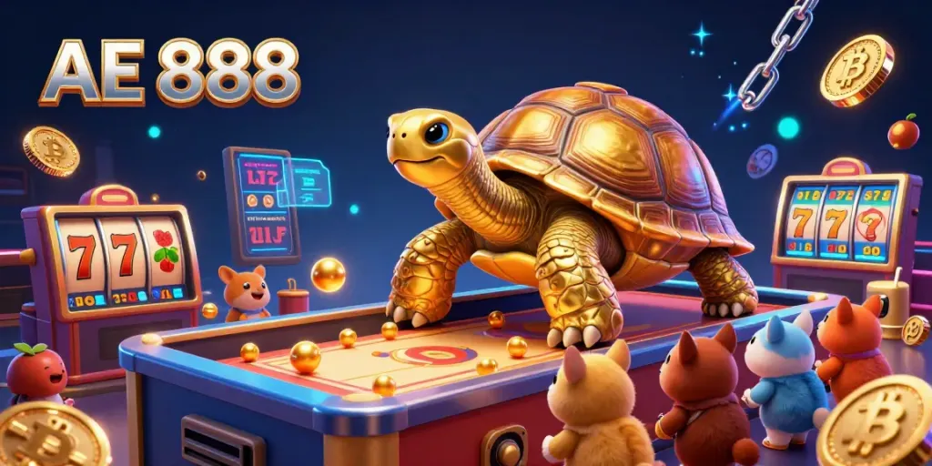 Engage with AE 888's vibrant casino atmosphere featuring colorful slot reels, crypto coins, and a joyous gaming scene.