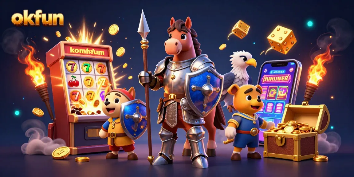Spin to win big with okfun’s dynamic 3D casino illustration featuring wealth symbols and characters!