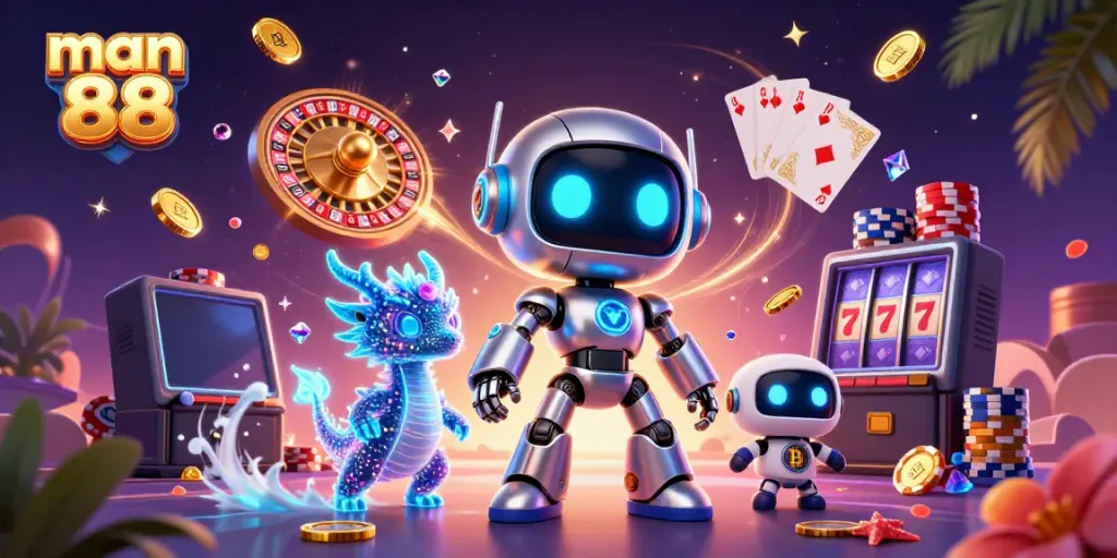 Engage with man 88's exciting casino dynamic, featuring vibrant characters, coins, and game elements.