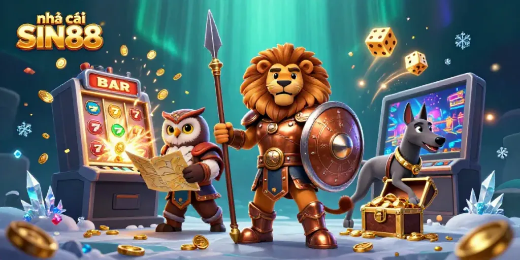 Experience the thrill of nhà cái SIN88 with an exciting casino-themed illustration showcasing characters and vibrant gaming elements.