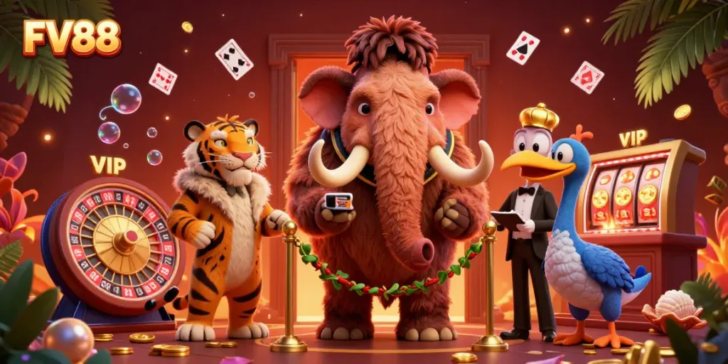 Experience the thrilling ambiance of FV88 with unique characters and vibrant gaming elements in a colorful casino atmosphere.